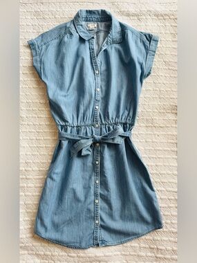 J. Crew Factory Light Blue Denim Look Button-Front Mini Dress with Tie Waist